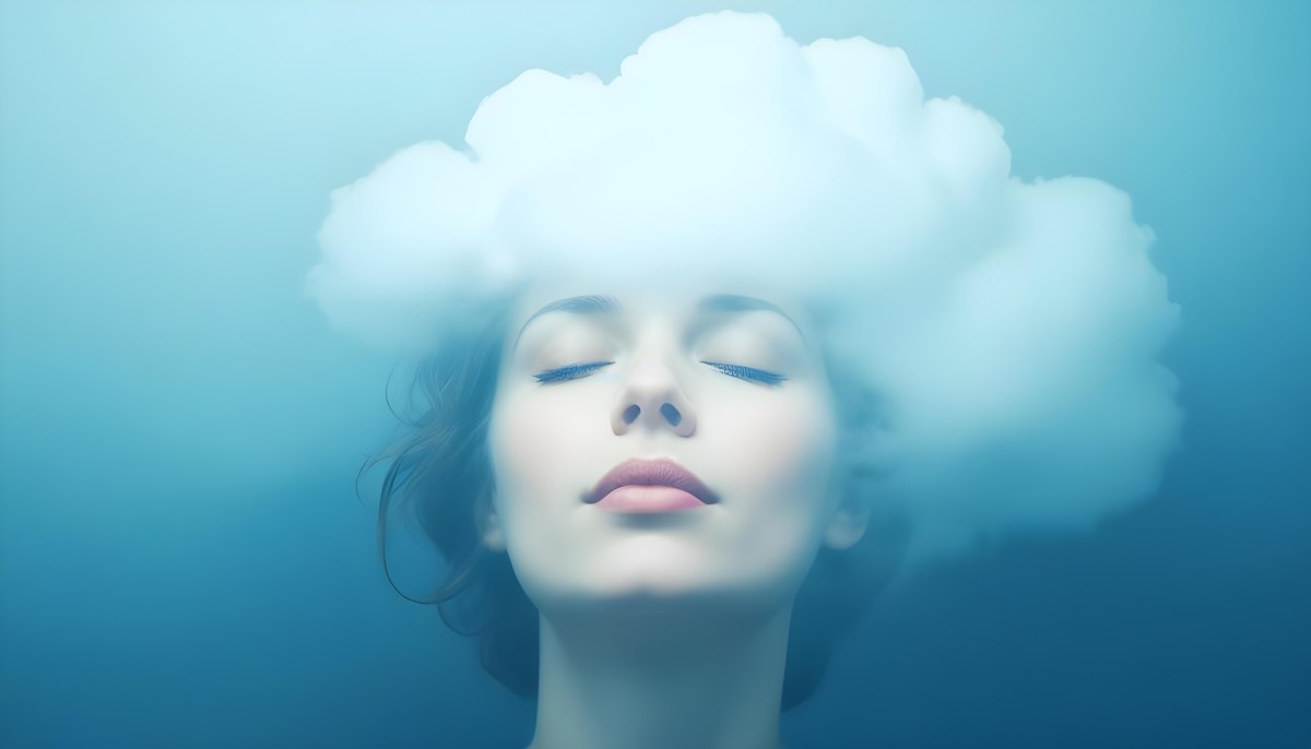 White Woman 25 Years Old With Closed Eyes And A Cloud Above Her Head Blue Background 24 Ed58