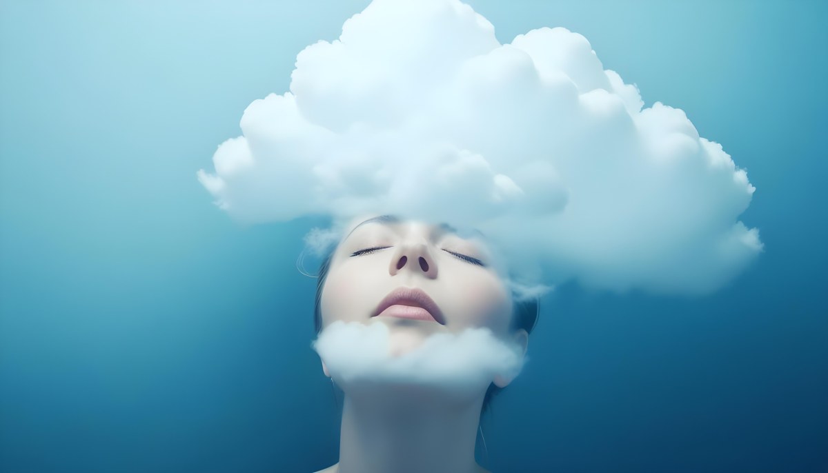 White Woman 25 Years Old With Closed Eyes And A Cloud Above Her Head Blue Background 28 30ee