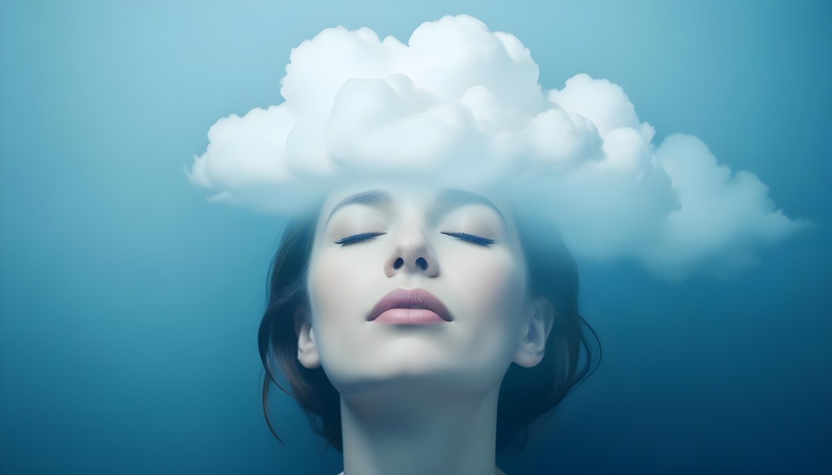 White Woman 25 Years Old With Closed Eyes And A Cloud Above Her Head Blue Background 31 Fdb0