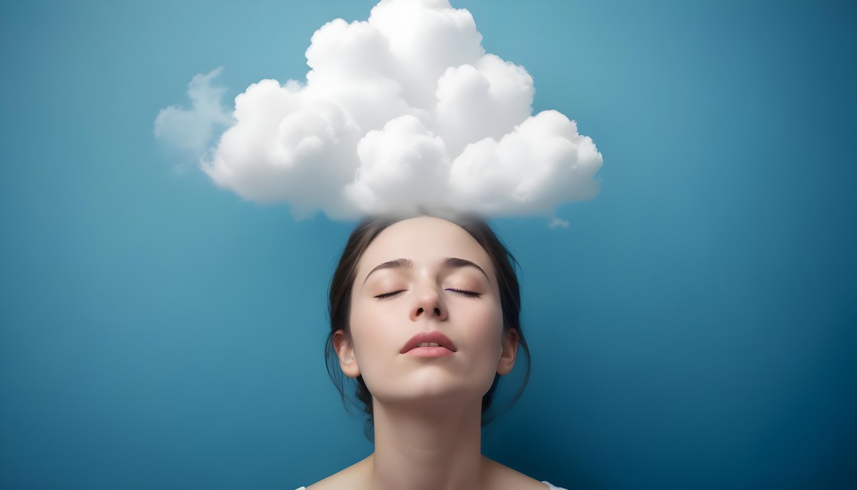 White Woman 25 Years Old With Closed Eyes And A Cloud Above Her Head Blue Background 35 A908