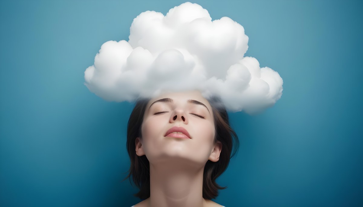 White Woman 25 Years Old With Closed Eyes And A Cloud Above Her Head Blue Background 37 121f