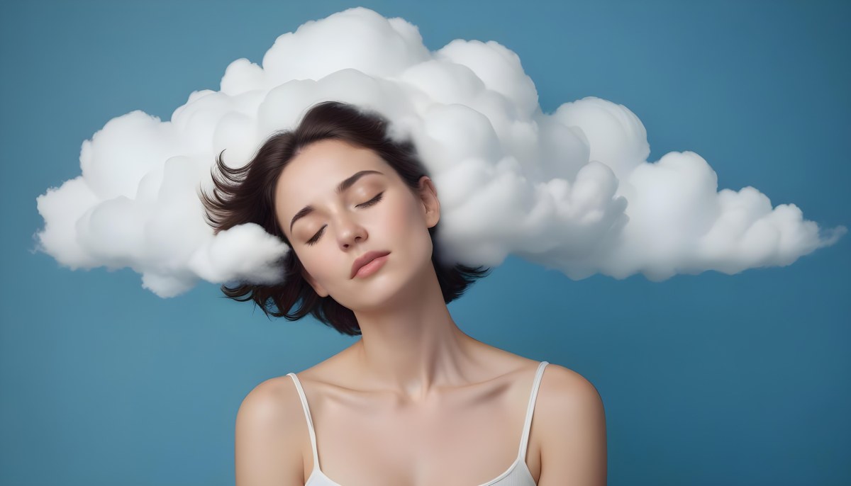 White Woman 25 Years Old With Closed Eyes And A Cloud Above Her Head Blue Background 41 6f39
