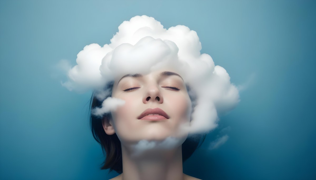 White Woman 25 Years Old With Closed Eyes And A Cloud Above Her Head Blue Background 44 D77f