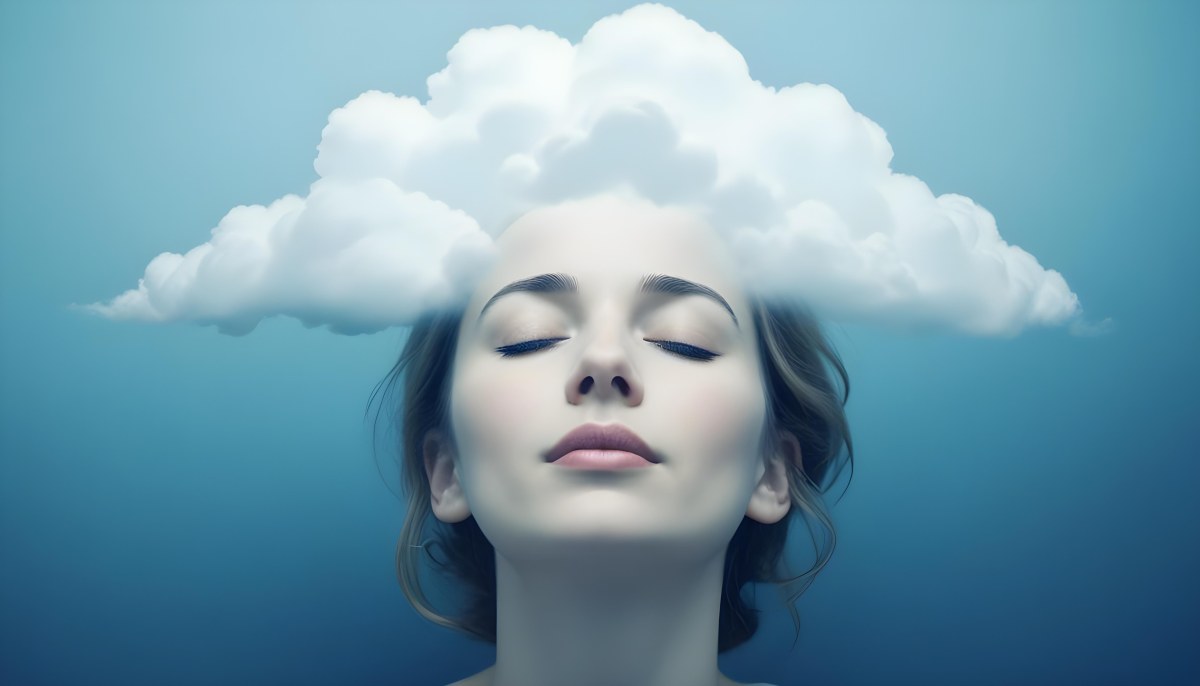 White Woman 25 Years Old With Closed Eyes And A Cloud Above Her Head Blue Background 46 001c