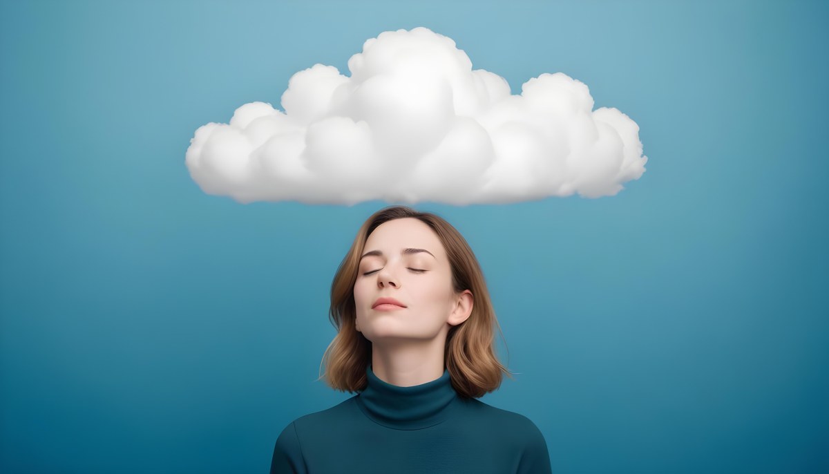 White Woman 25 Years Old With Closed Eyes And A Cloud Above Her Head Blue Background 47 Da74