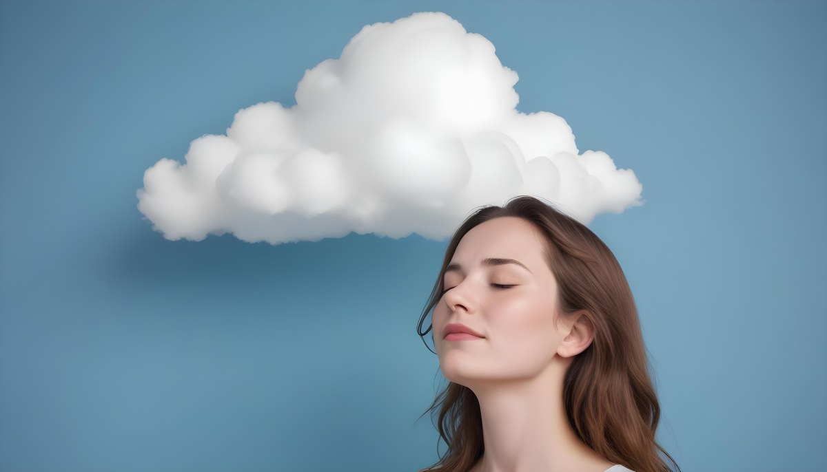 White Woman 25 Years Old With Closed Eyes And A Cloud Above Her Head Blue Background 6 C2fc