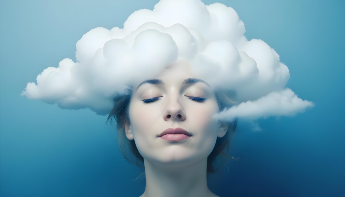 White Woman 25 Years Old With Closed Eyes And A Cloud Above Her Head Blue Background 7 9e05