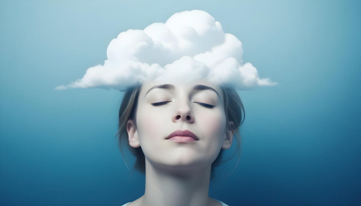 White Woman 25 Years Old With Closed Eyes And A Cloud Above Her Head Blue Background 8 0230
