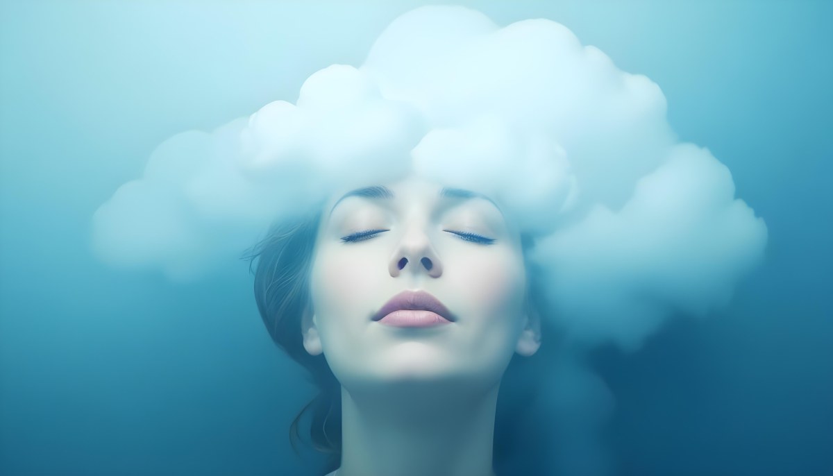 White Woman 25 Years Old With Closed Eyes And A Cloud Above Her Head Blue Background 9 62f7