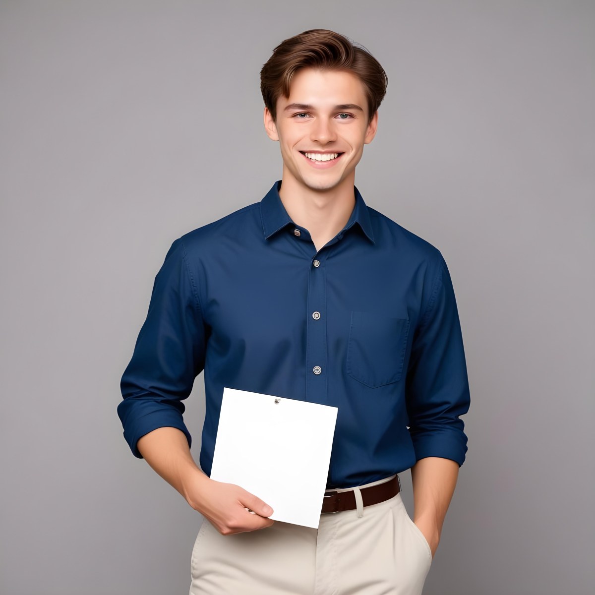 Young Caucasian Male Approximately 20 Years Old With Light Brown Hair Wearing A Dark Blue Button Up Shirt And Beige Pants Smiling While Holding A Blank White Sheet Of Paper In His Right Hand Set Against A Gray Backg 3 C3d9