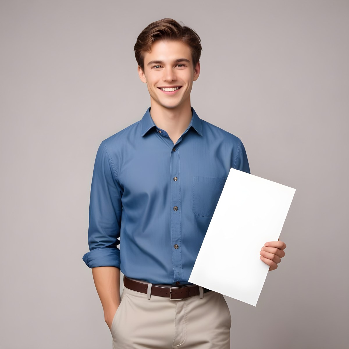 Young Caucasian Male Approximately 20 Years Old With Light Brown Hair Wearing A Dark Blue Button Up Shirt And Beige Pants Smiling While Holding A Blank White Sheet Of Paper In His Right Hand Set Against A Gray Backg 4 70f6