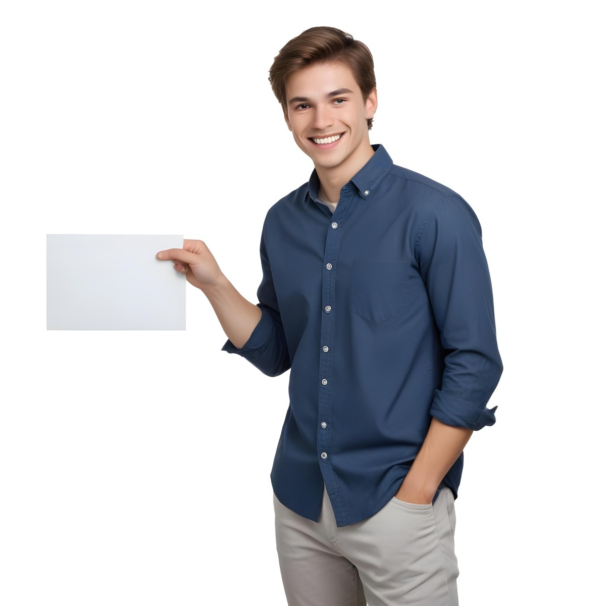 Young Caucasian Male Approximately 20 Years Old With Light Brown Hair Wearing A Dark Blue Button Up Shirt And Beige Pants Smiling While Holding A Blank White Sheet Of Paper In His Right Hand Set Against A Gray Backg 6 1d0d