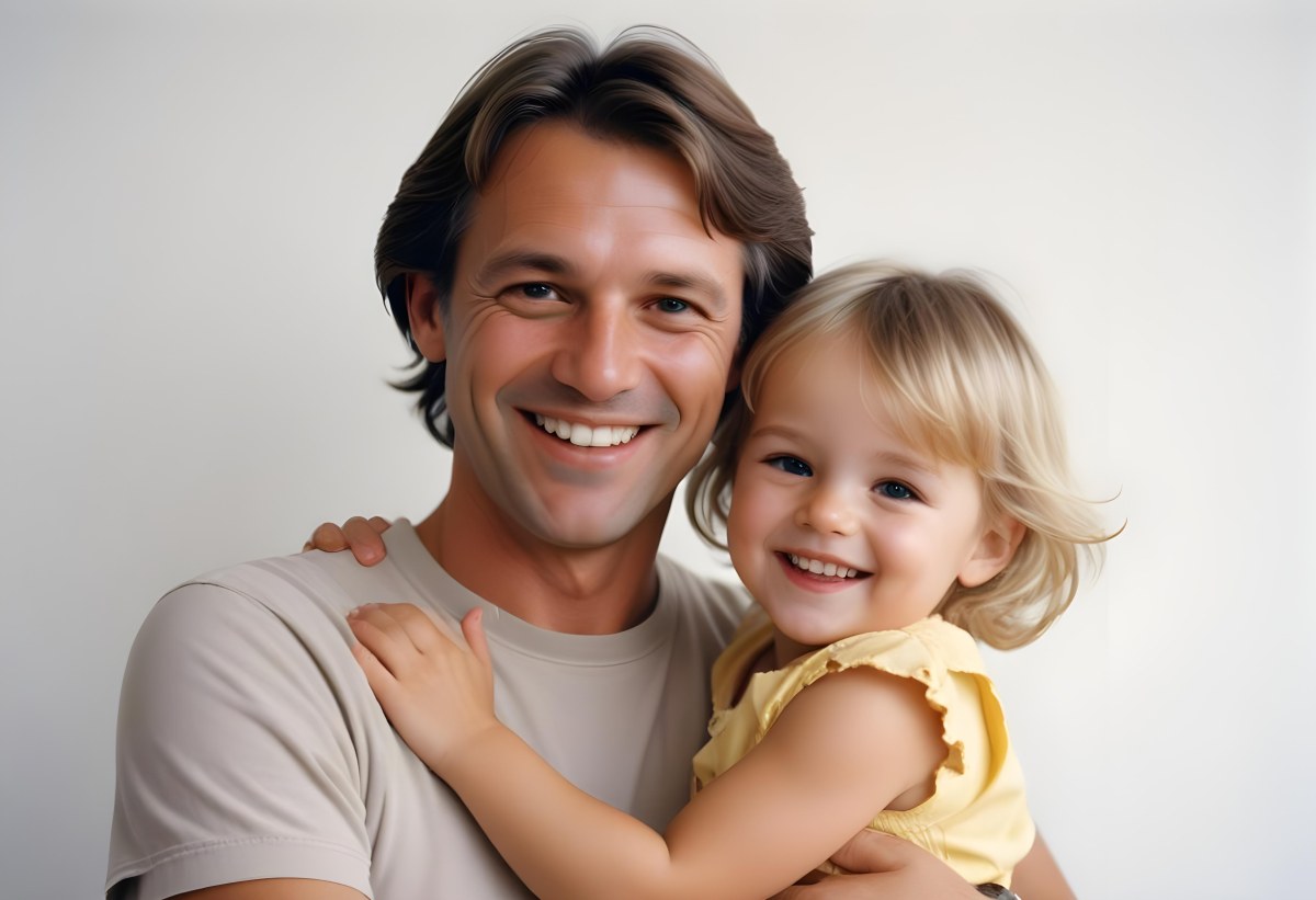 Young Caucasian Man With Short Blonde Hair And A Friendly Smile Holding A Young Blonde Toddler Girl Who Is Also Smiling In A Sunny Park 105 3d24