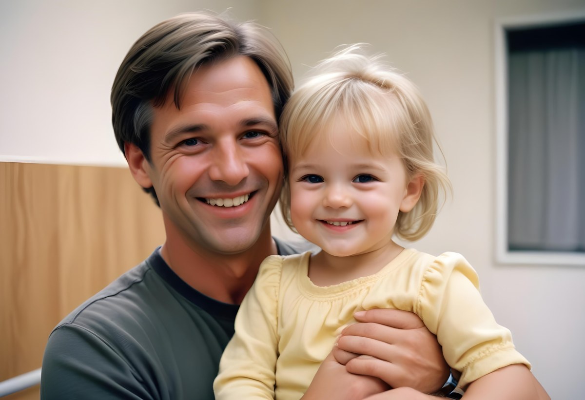 Young Caucasian Man With Short Blonde Hair And A Friendly Smile Holding A Young Blonde Toddler Girl Who Is Also Smiling In A Sunny Park 107 8c42
