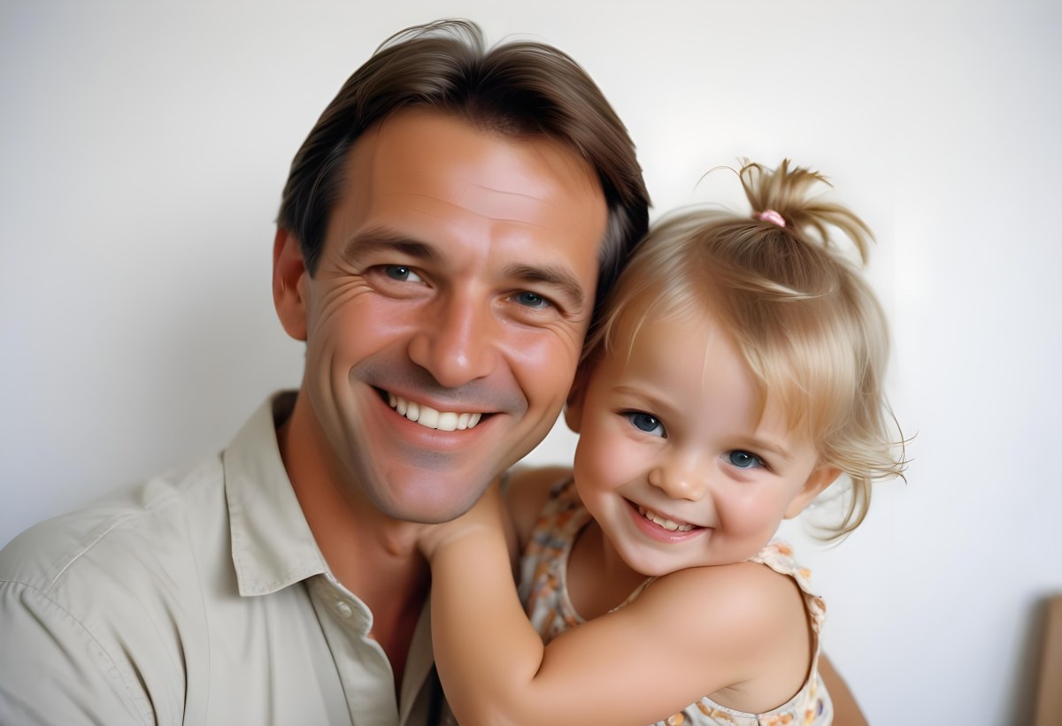 Young Caucasian Man With Short Blonde Hair And A Friendly Smile Holding A Young Blonde Toddler Girl Who Is Also Smiling In A Sunny Park 20 A9bb