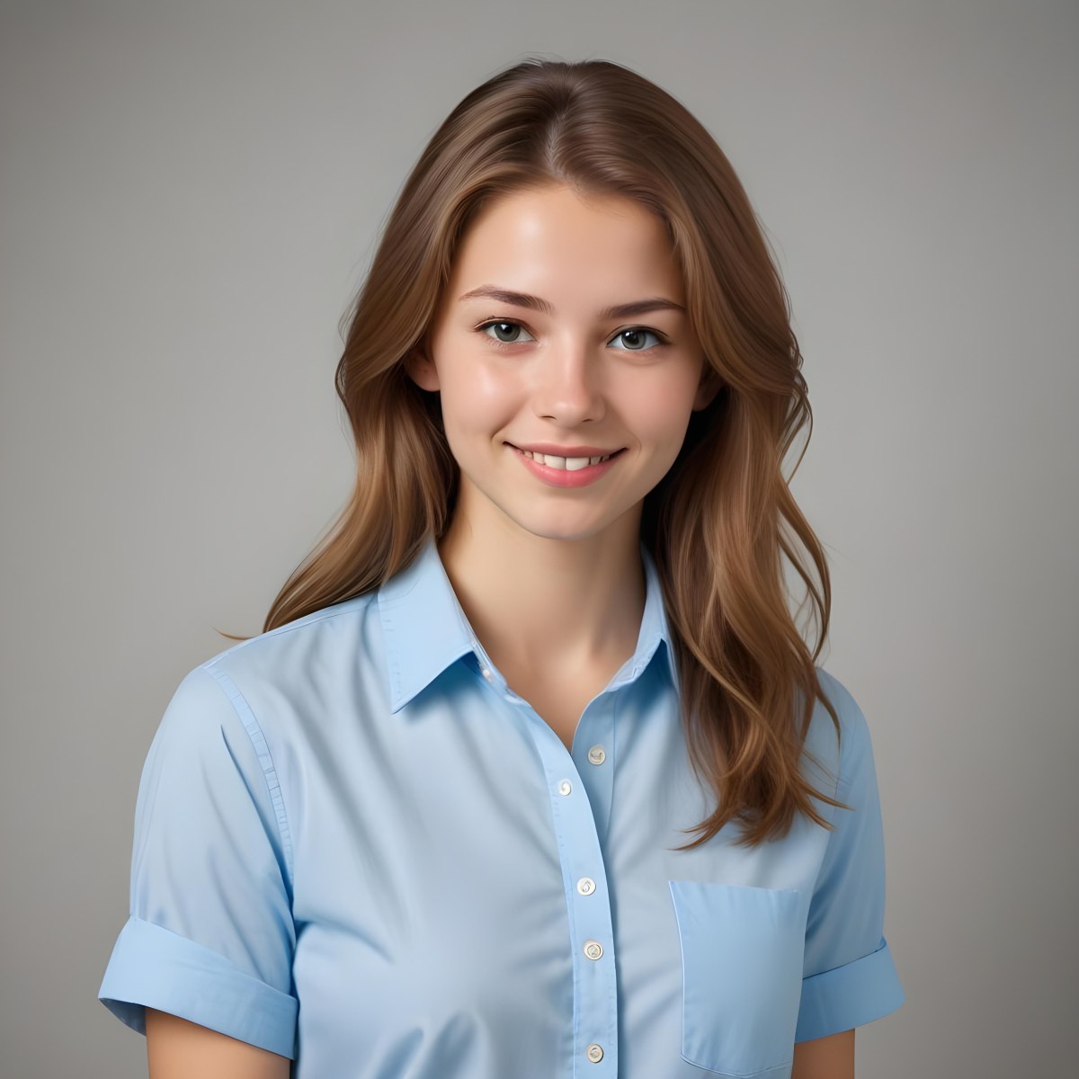 Young Woman Of Caucasian Descent Approximately 25 Years Old With Light Brown Hair And A Slight Smile She Is Wearing A Light Blue Shirt The Background Is Plain And Light Colored 7 7a02