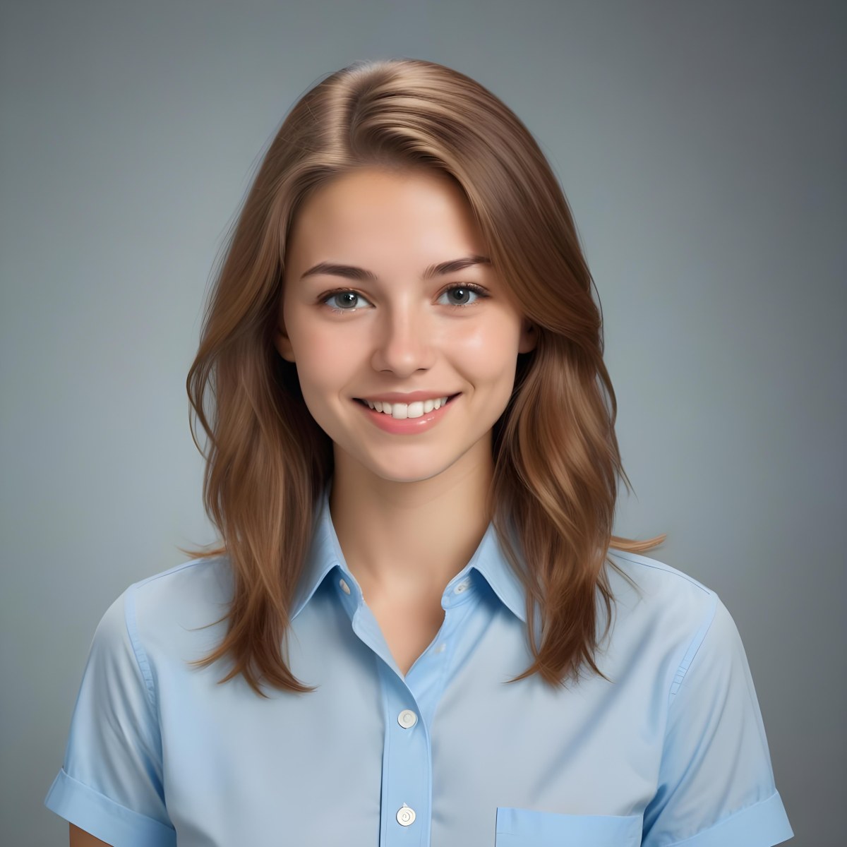 Young Woman Of Caucasian Descent Approximately 25 Years Old With Light Brown Hair And A Slight Smile She Is Wearing A Light Blue Shirt The Background Is Plain And Light Colored 8 Fe24