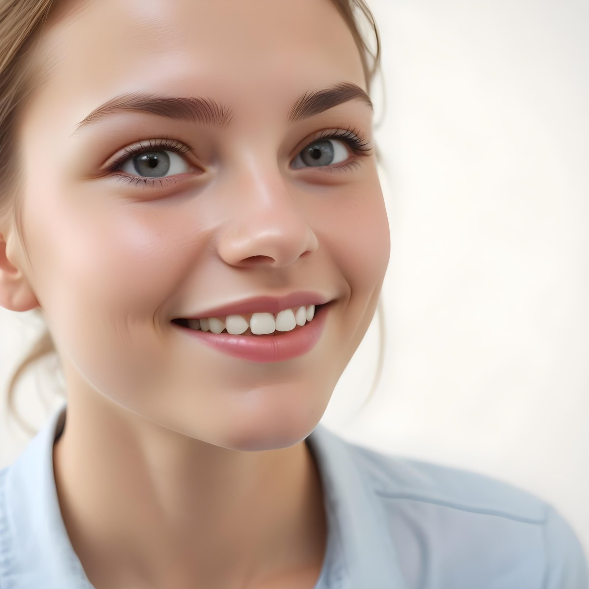 Young Woman Of Caucasian Descent Approximately 25 Years Old With Light Brown Hair And A Slight Smile She Is Wearing A Light Blue Shirt The Background Is Plain And Light Colored 9 B152