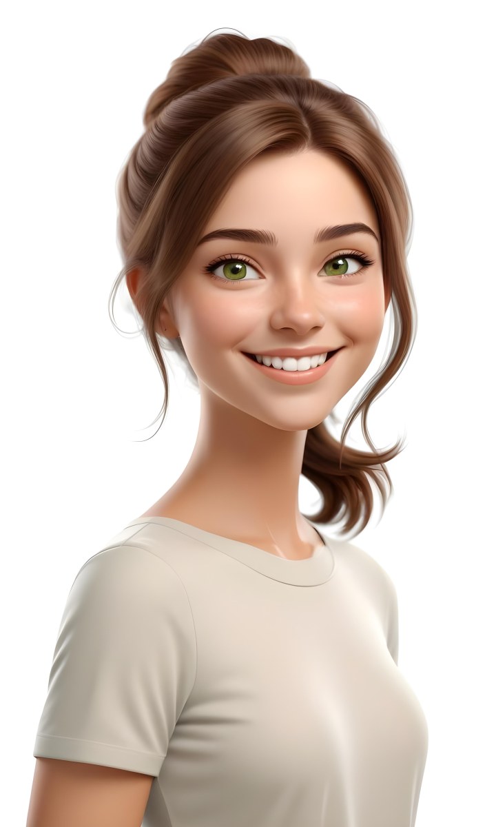 Young Woman With Light Brown Skin Medium Length Brown Hair And Green Eyes Smiling Gently The Background Is Plain White Emphasizing Her Facial Features 12 A072