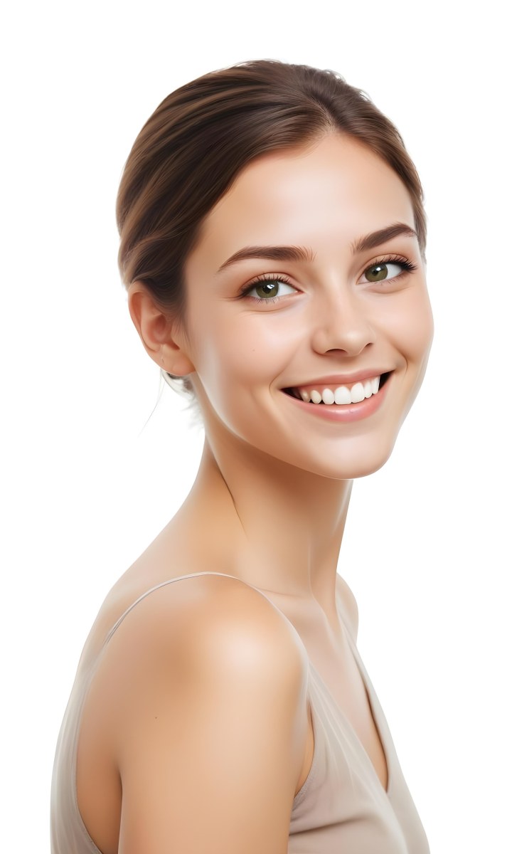 Young Woman With Light Brown Skin Medium Length Brown Hair And Green Eyes Smiling Gently The Background Is Plain White Emphasizing Her Facial Features 21 182c
