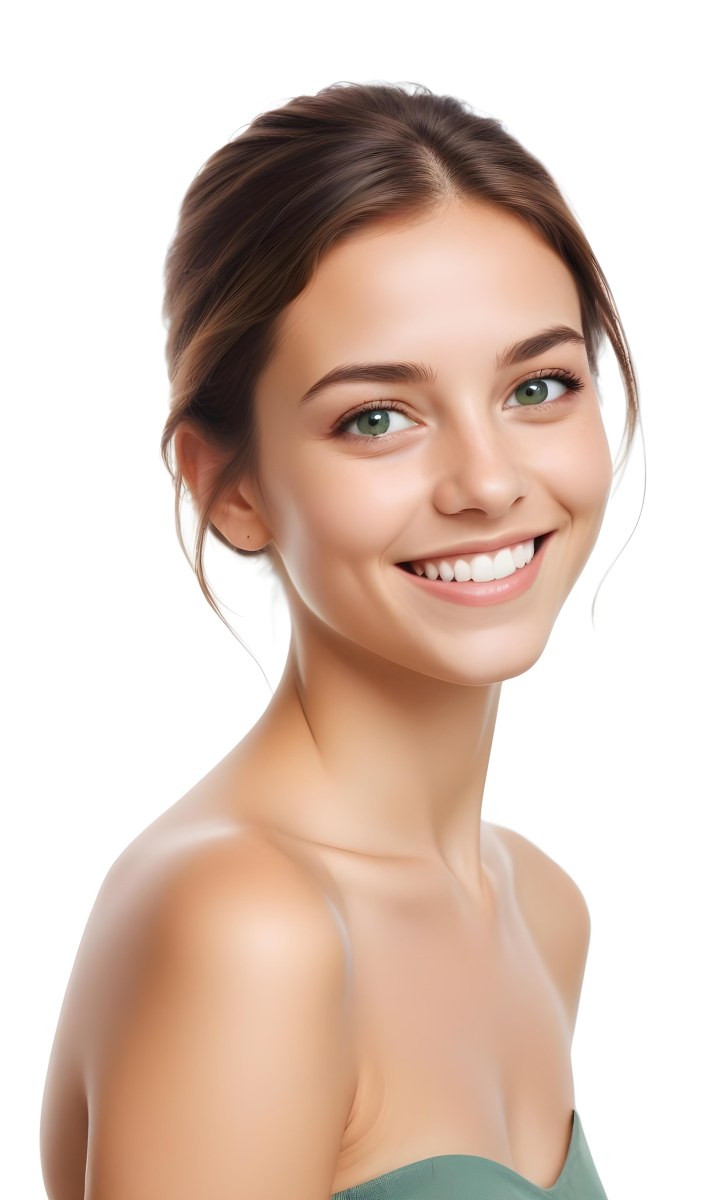 Young Woman With Light Brown Skin Medium Length Brown Hair And Green Eyes Smiling Gently The Background Is Plain White Emphasizing Her Facial Features 22 26c0
