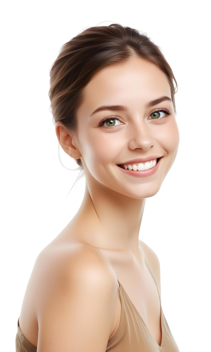 Young Woman With Light Brown Skin Medium Length Brown Hair And Green Eyes Smiling Gently The Background Is Plain White Emphasizing Her Facial Features 23 8193