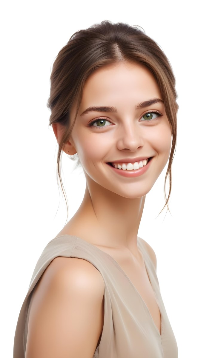 Young Woman With Light Brown Skin Medium Length Brown Hair And Green Eyes Smiling Gently The Background Is Plain White Emphasizing Her Facial Features 26 072e