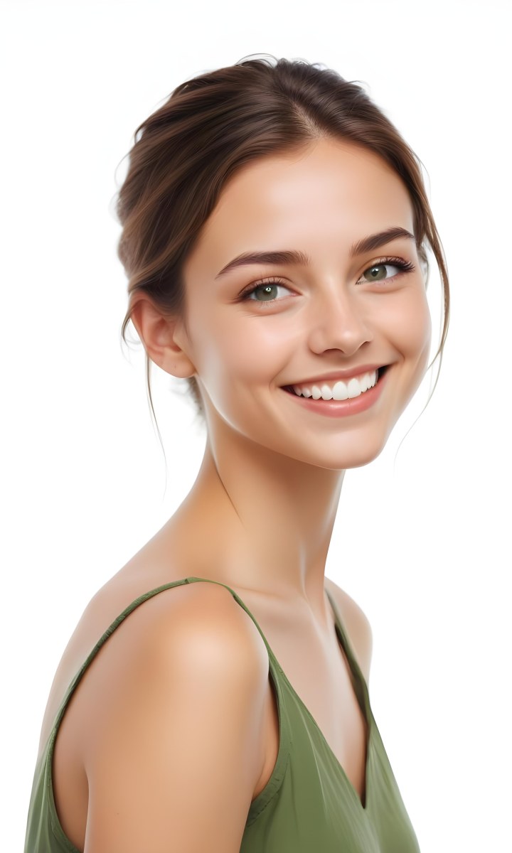 Young Woman With Light Brown Skin Medium Length Brown Hair And Green Eyes Smiling Gently The Background Is Plain White Emphasizing Her Facial Features 28 D3d7