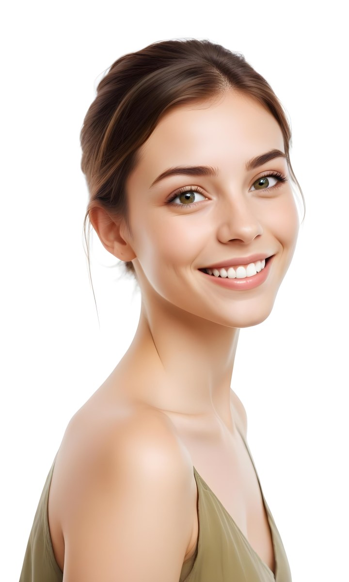 Young Woman With Light Brown Skin Medium Length Brown Hair And Green Eyes Smiling Gently The Background Is Plain White Emphasizing Her Facial Features 33 A43e