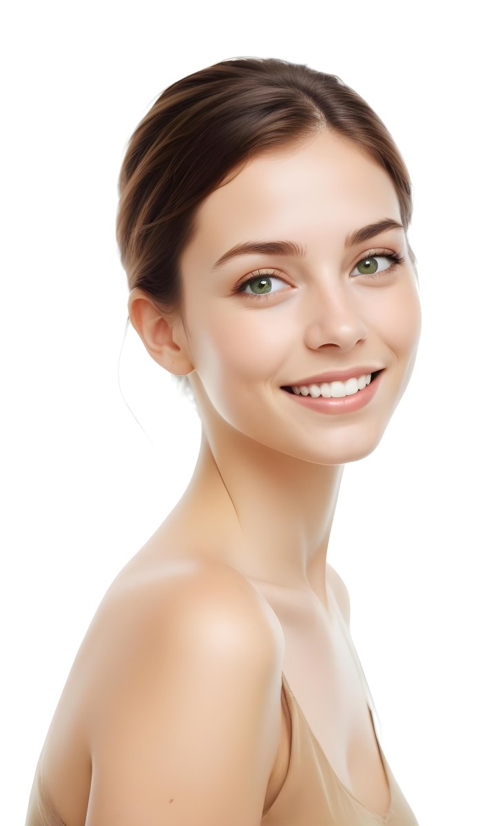 Young Woman With Light Brown Skin Medium Length Brown Hair And Green Eyes Smiling Gently The Background Is Plain White Emphasizing Her Facial Features 38 2131