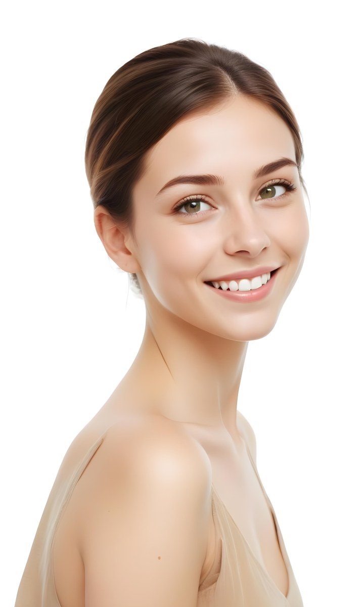 Young Woman With Light Brown Skin Medium Length Brown Hair And Green Eyes Smiling Gently The Background Is Plain White Emphasizing Her Facial Features 40 C8a1