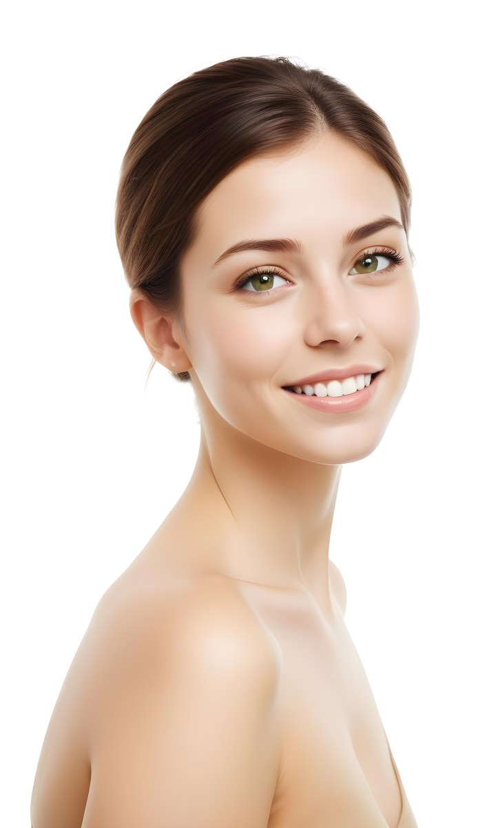 Young Woman With Light Brown Skin Medium Length Brown Hair And Green Eyes Smiling Gently The Background Is Plain White Emphasizing Her Facial Features 41 E99c