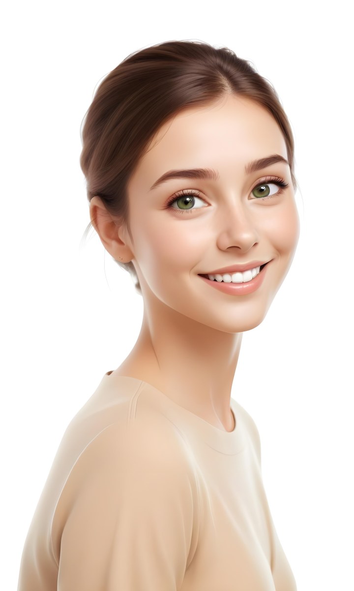 Young Woman With Light Brown Skin Medium Length Brown Hair And Green Eyes Smiling Gently The Background Is Plain White Emphasizing Her Facial Features 5 4bb1