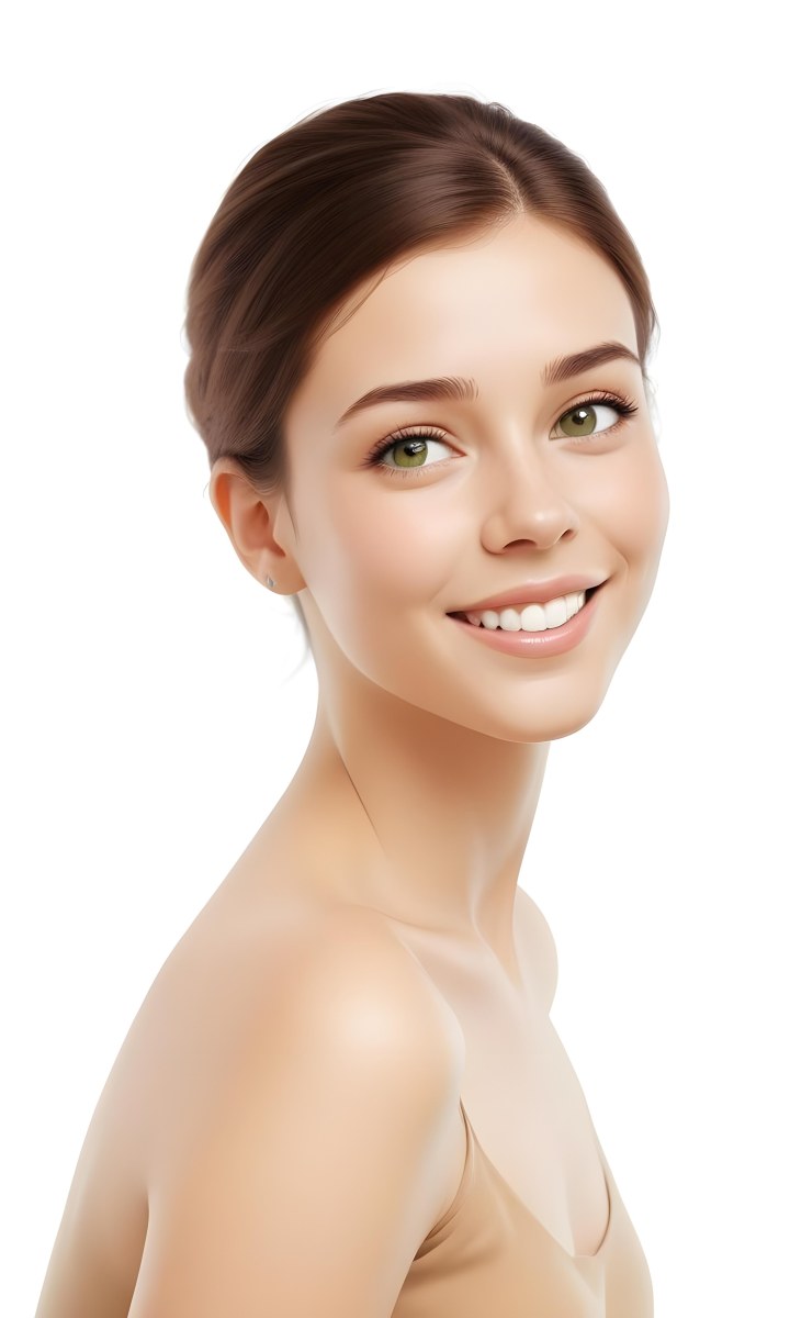 Young Woman With Light Brown Skin Medium Length Brown Hair And Green Eyes Smiling Gently The Background Is Plain White Emphasizing Her Facial Features 7 B125