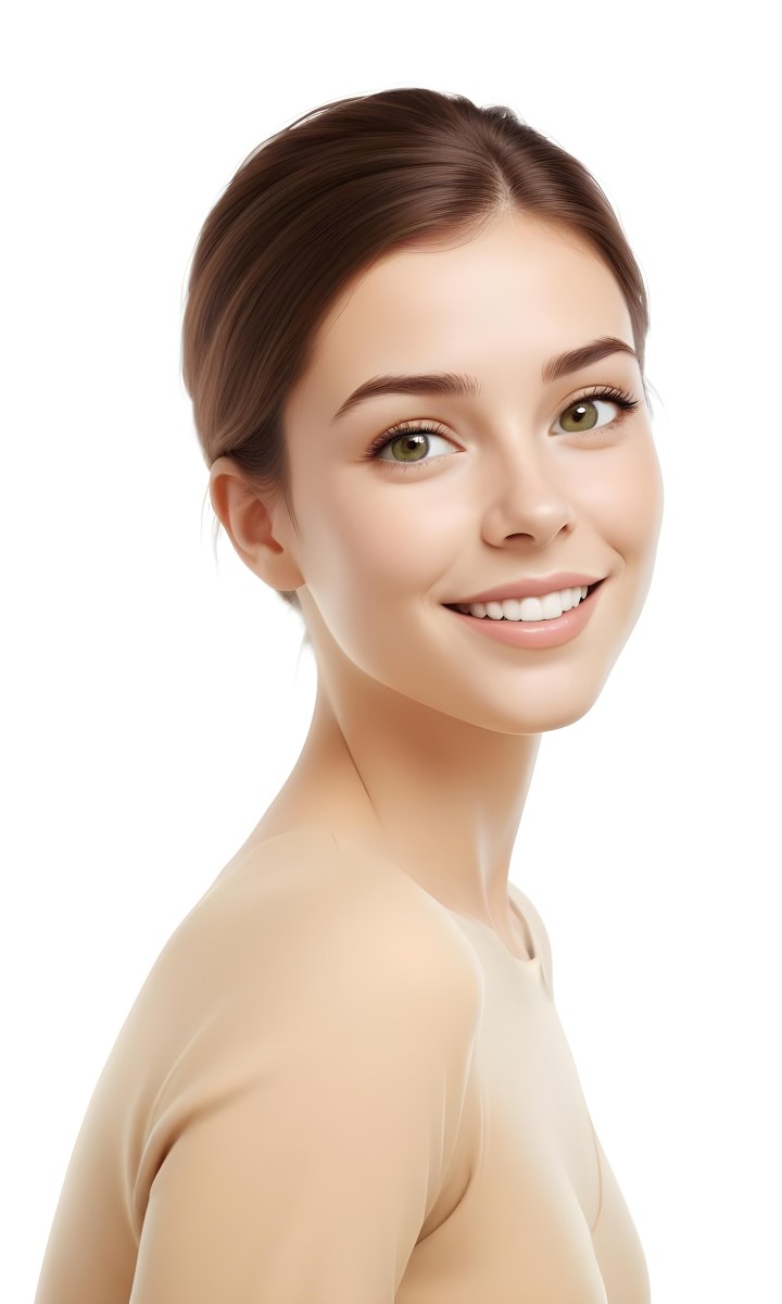 Young Woman With Light Brown Skin Medium Length Brown Hair And Green Eyes Smiling Gently The Background Is Plain White Emphasizing Her Facial Features 8 457c