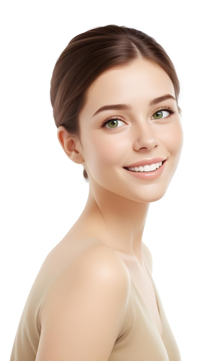 Young Woman With Light Brown Skin Medium Length Brown Hair And Green Eyes Smiling Gently The Background Is Plain White Emphasizing Her Facial Features 9 61aa