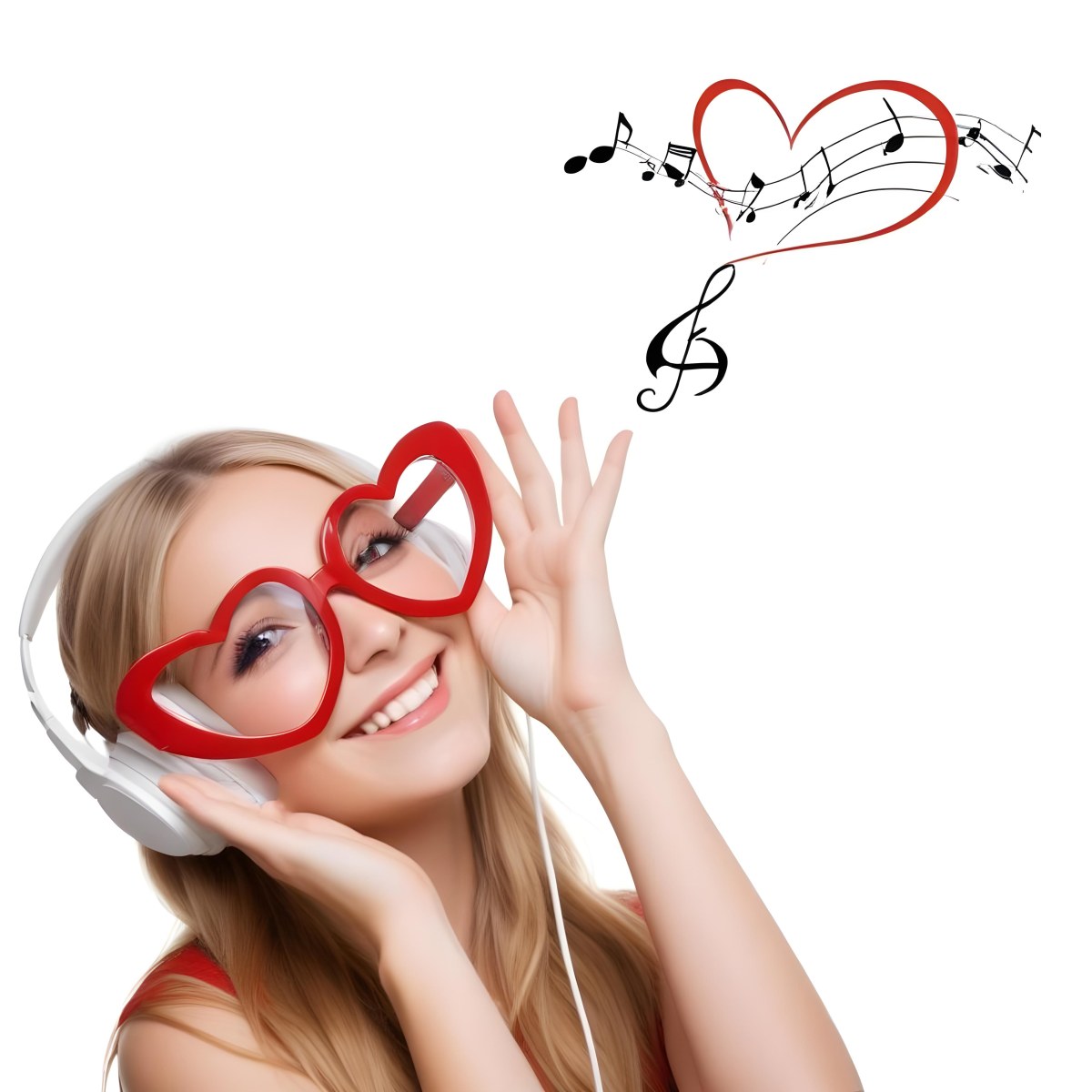Young Woman With Long Blonde Hair Wearing Large Red Heart Shaped Glasses And Headphones Smiling While Raising Her Hands Musical Notes And A Heart Graphic Are Illustrated Above Her Head The Background Is Plain White 106b