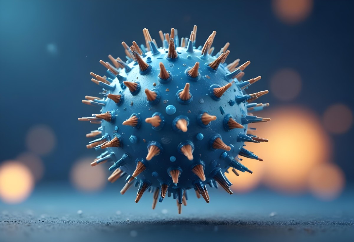 3d Model A Microscopic View Of A Coronavirus Particle Featuring A Spherical Core With Protruding Spikes Set Against A Blurred Blue Background With Bokeh Effects Figure Octane Render Volumetric Highly Detailed Vid 16 A6cc