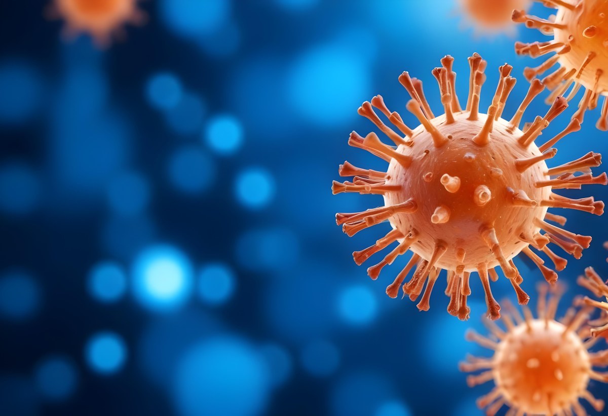 3d Model A Microscopic View Of A Coronavirus Particle Featuring A Spherical Core With Protruding Spikes Set Against A Blurred Blue Background With Bokeh Effects Figure Octane Render Volumetric Highly Detailed Vid 21 12e8