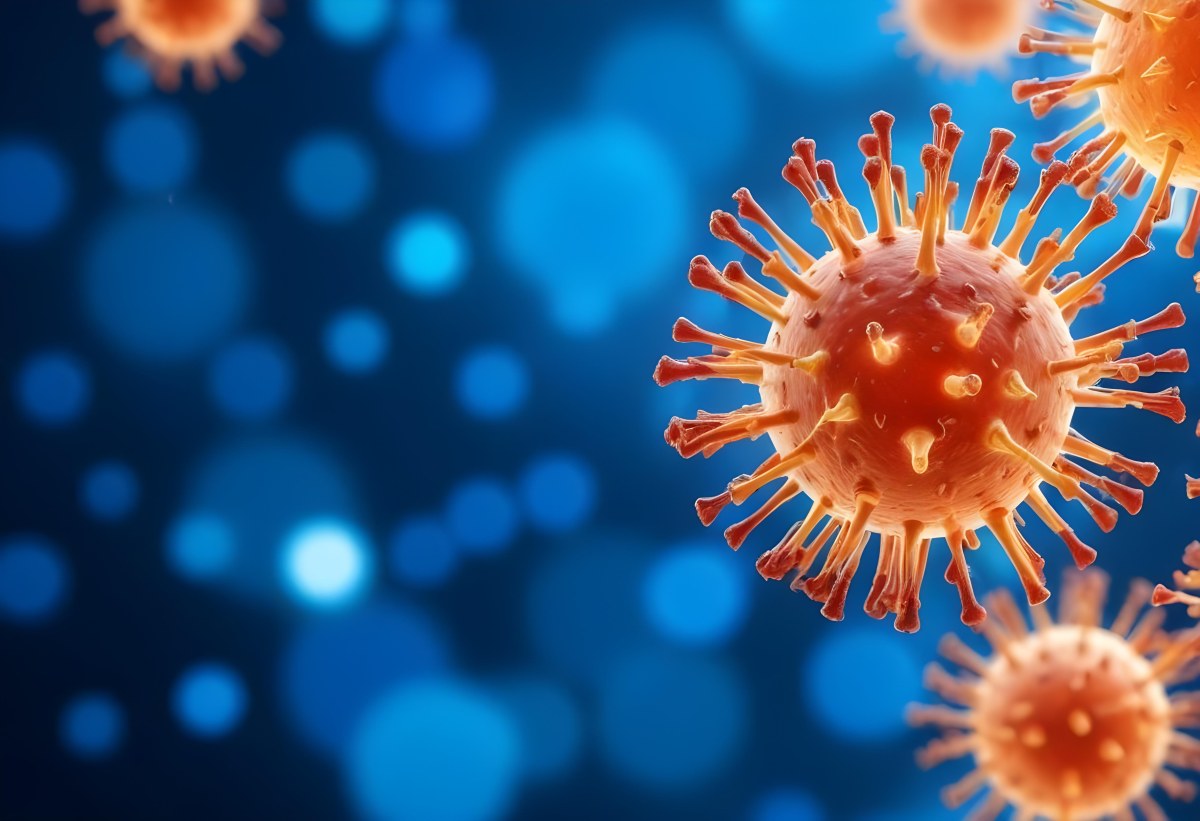 3d Model A Microscopic View Of A Coronavirus Particle Featuring A Spherical Core With Protruding Spikes Set Against A Blurred Blue Background With Bokeh Effects Figure Octane Render Volumetric Highly Detailed Vid 22 681b
