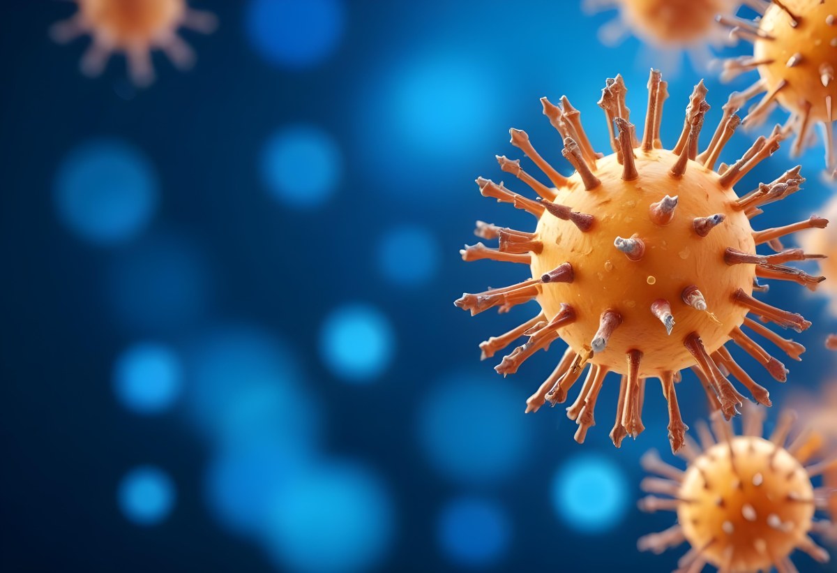 3d Model A Microscopic View Of A Coronavirus Particle Featuring A Spherical Core With Protruding Spikes Set Against A Blurred Blue Background With Bokeh Effects Figure Octane Render Volumetric Highly Detailed Vid 23 418e