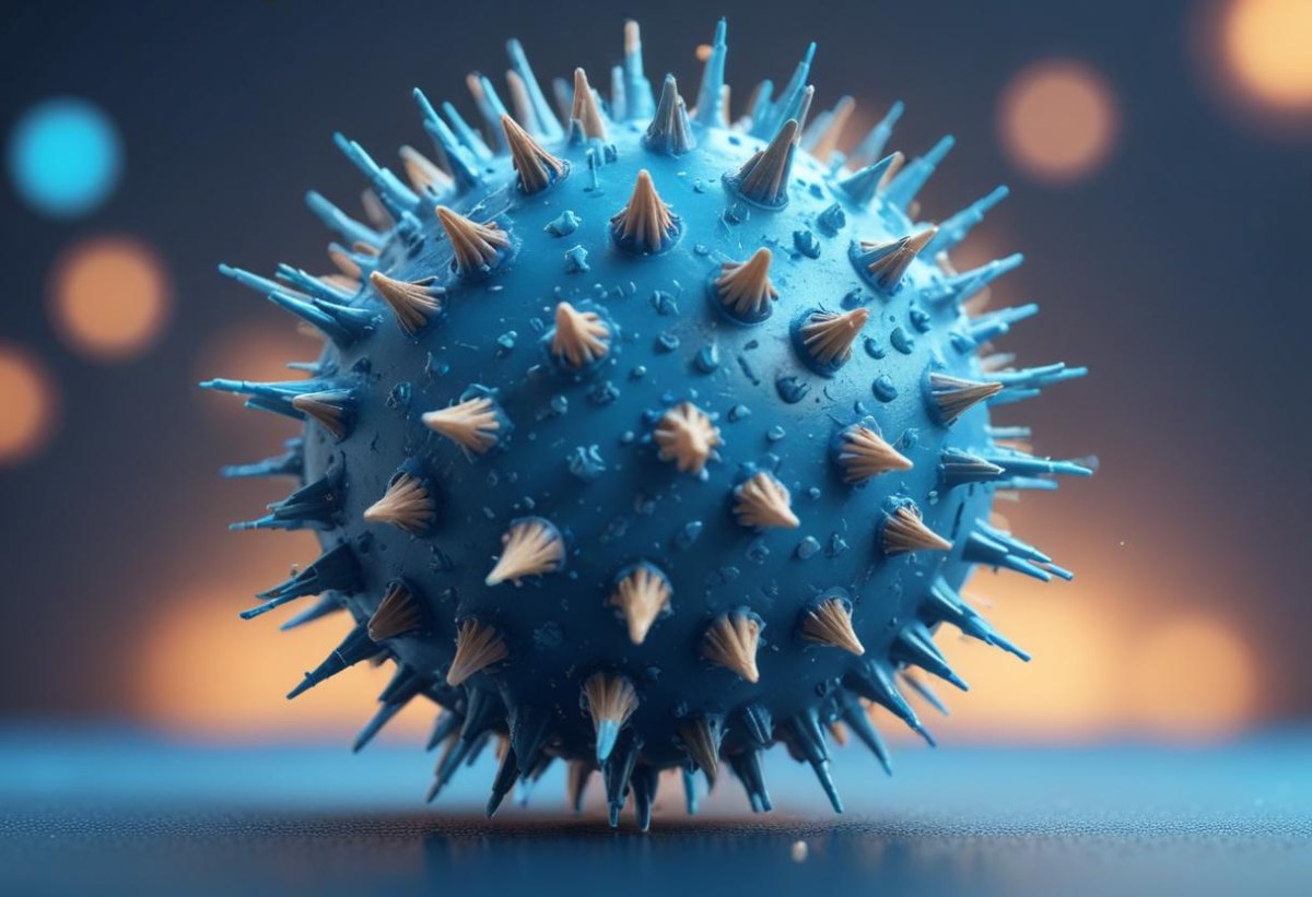3d Model A Microscopic View Of A Coronavirus Particle Featuring A Spherical Core With Protruding Spikes Set Against A Blurred Blue Background With Bokeh Effects Figure Octane Render Volumetric Highly Detailed Vid 33 E806