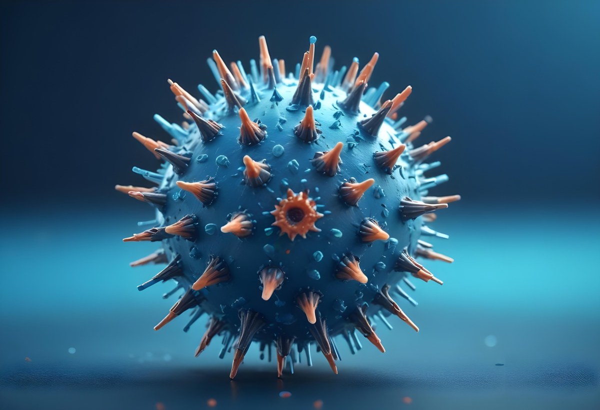 3d Model A Microscopic View Of A Coronavirus Particle Featuring A Spherical Core With Protruding Spikes Set Against A Blurred Blue Background With Bokeh Effects Figure Octane Render Volumetric Highly Detailed Vid 34 358b