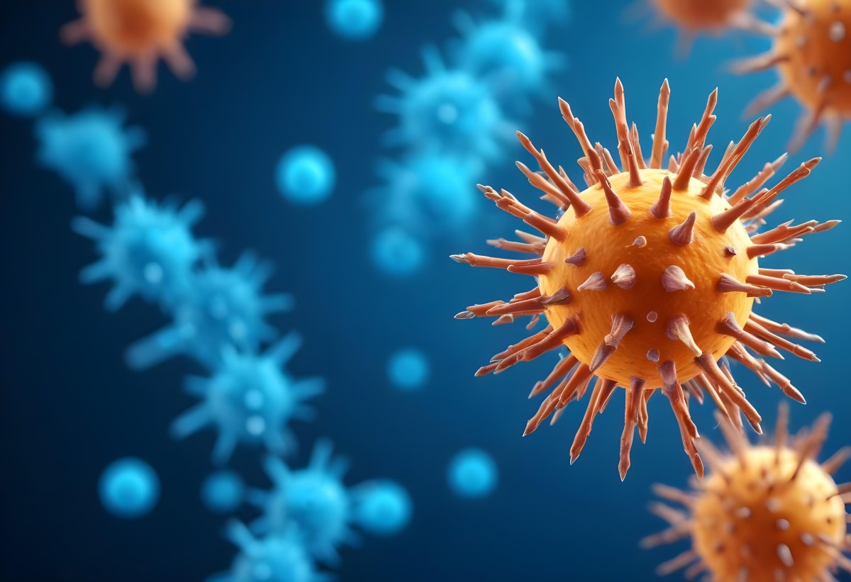 3d Model A Microscopic View Of A Coronavirus Particle Featuring A Spherical Core With Protruding Spikes Set Against A Blurred Blue Background With Bokeh Effects Figure Octane Render Volumetric Highly Detailed Vid 35 394e