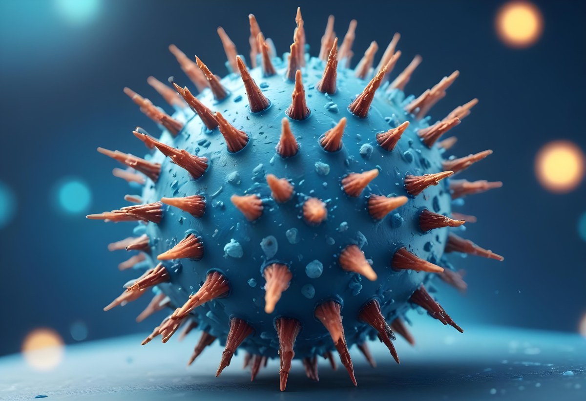 3d Model A Microscopic View Of A Coronavirus Particle Featuring A Spherical Core With Protruding Spikes Set Against A Blurred Blue Background With Bokeh Effects Figure Octane Render Volumetric Highly Detailed Vid 36 0810