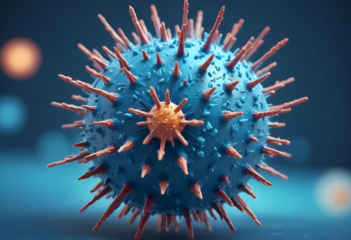 3d Model A Microscopic View Of A Coronavirus Particle Featuring A Spherical Core With Protruding Spikes Set Against A Blurred Blue Background With Bokeh Effects Figure Octane Render Volumetric Highly Detailed Vid 38 Ab9a