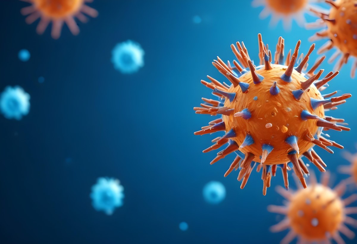 3d Model A Microscopic View Of A Coronavirus Particle Featuring A Spherical Core With Protruding Spikes Set Against A Blurred Blue Background With Bokeh Effects Figure Octane Render Volumetric Highly Detailed Vid 4 2af9