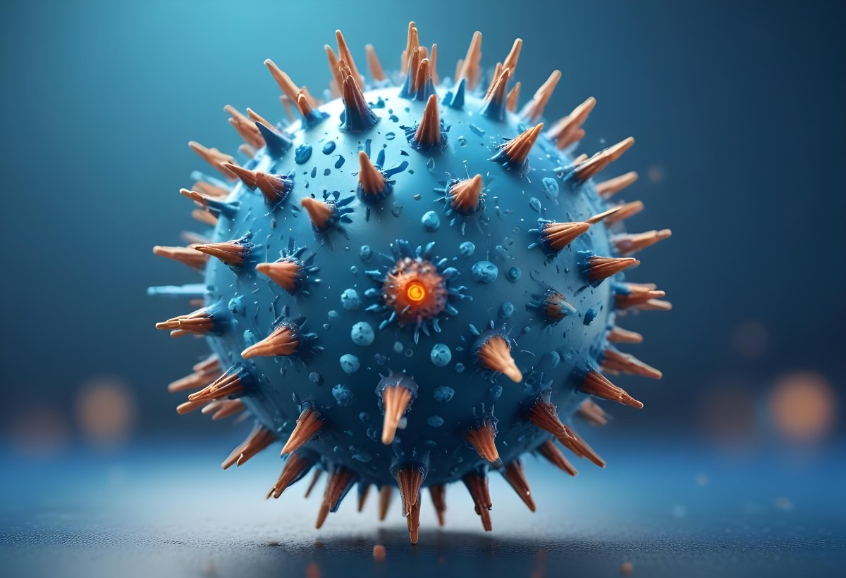 3d Model A Microscopic View Of A Coronavirus Particle Featuring A Spherical Core With Protruding Spikes Set Against A Blurred Blue Background With Bokeh Effects Figure Octane Render Volumetric Highly Detailed Vid 40 5774