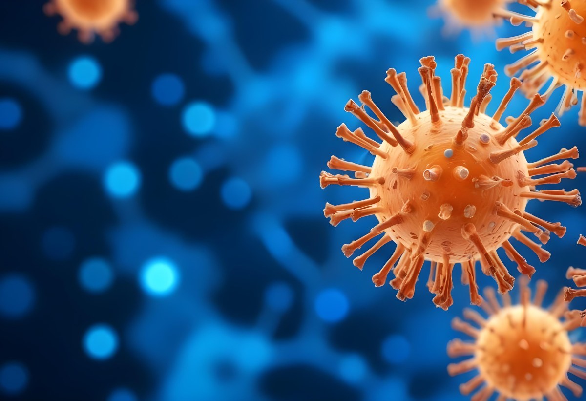 3d Model A Microscopic View Of A Coronavirus Particle Featuring A Spherical Core With Protruding Spikes Set Against A Blurred Blue Background With Bokeh Effects Figure Octane Render Volumetric Highly Detailed Vid 6 9eca