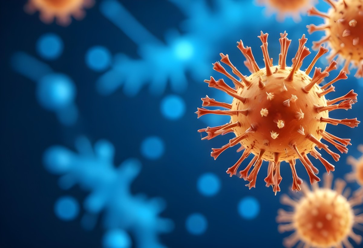 3d Model A Microscopic View Of A Coronavirus Particle Featuring A Spherical Core With Protruding Spikes Set Against A Blurred Blue Background With Bokeh Effects Figure Octane Render Volumetric Highly Detailed Vid 7 4d59